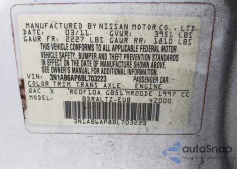 2011 Nissan Sentra 2.0Sr z USA, uszkodzony, nr VIN 3N1AB6AP8BL703223